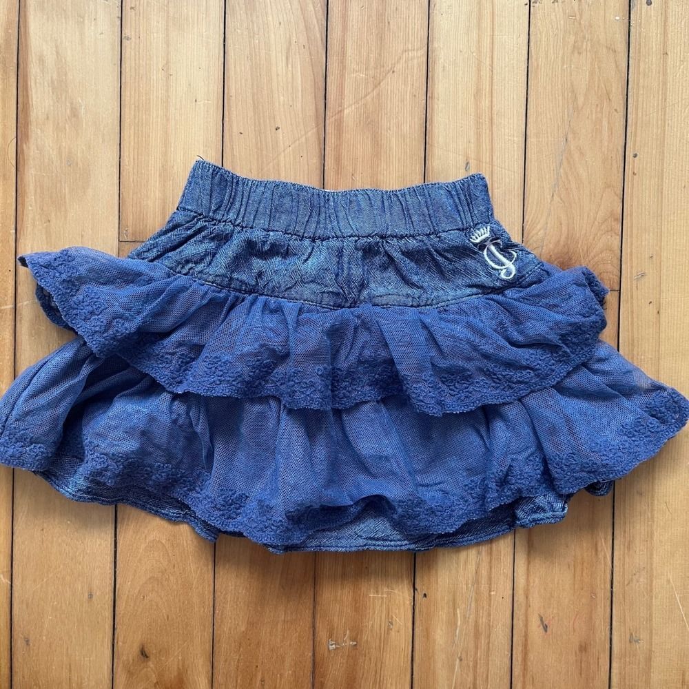 Juicy Couture Girls Denim Lace Tiered Ruffle Skirt Size 3 Blue Elastic Waist